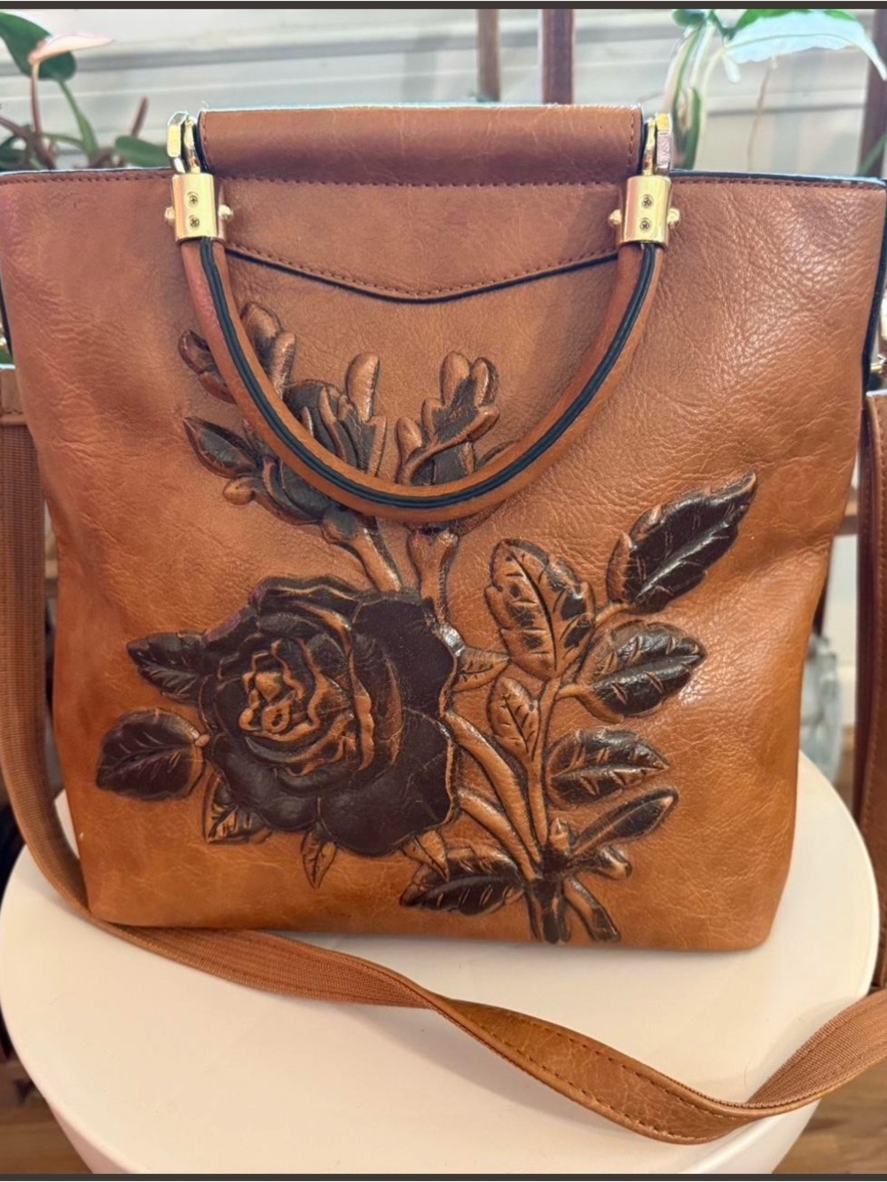Hand-Tooled Floral Leather Tote Bag - Brown